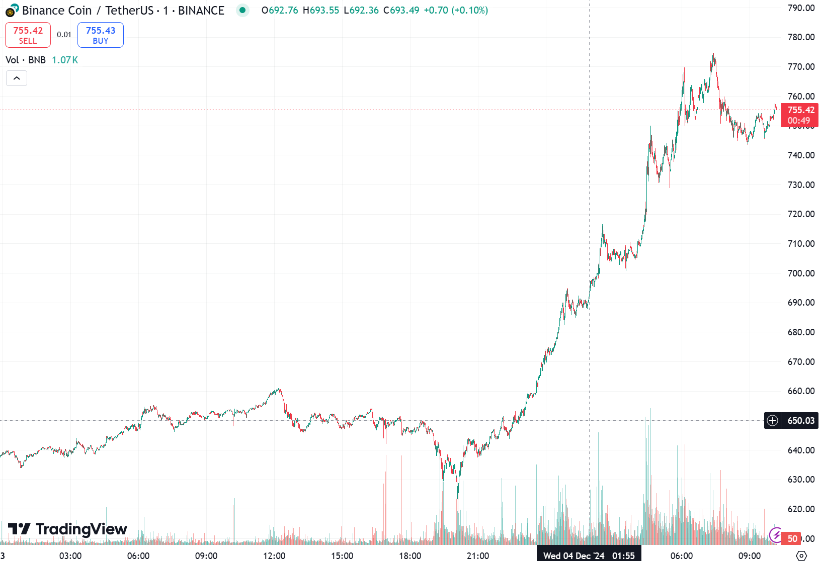 Biểu đồ giá 24h của BNB